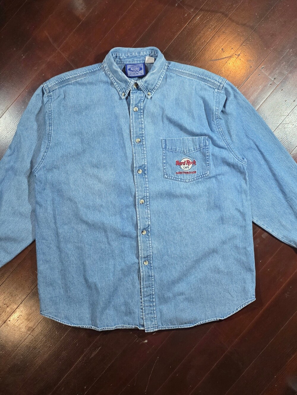 Hard Rock Cafe Amsterdam Denim Shirt XL Embroidered Logo Button Down 100% Cotton